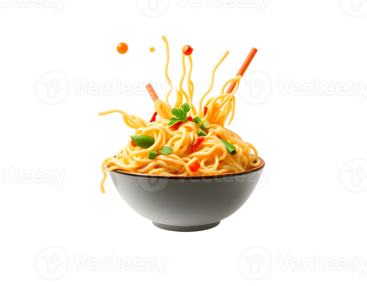 A bowl of noodles with chopsticks and vegetables png