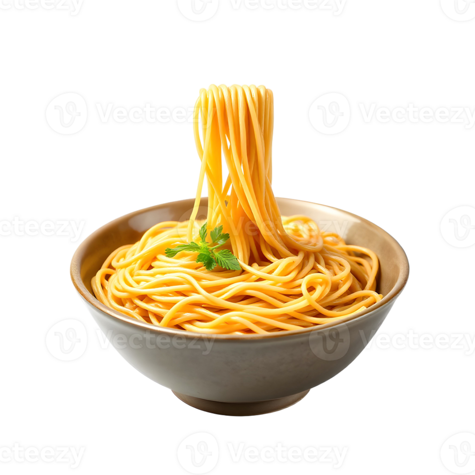 A bowl of spaghetti with a sprig of parsley png