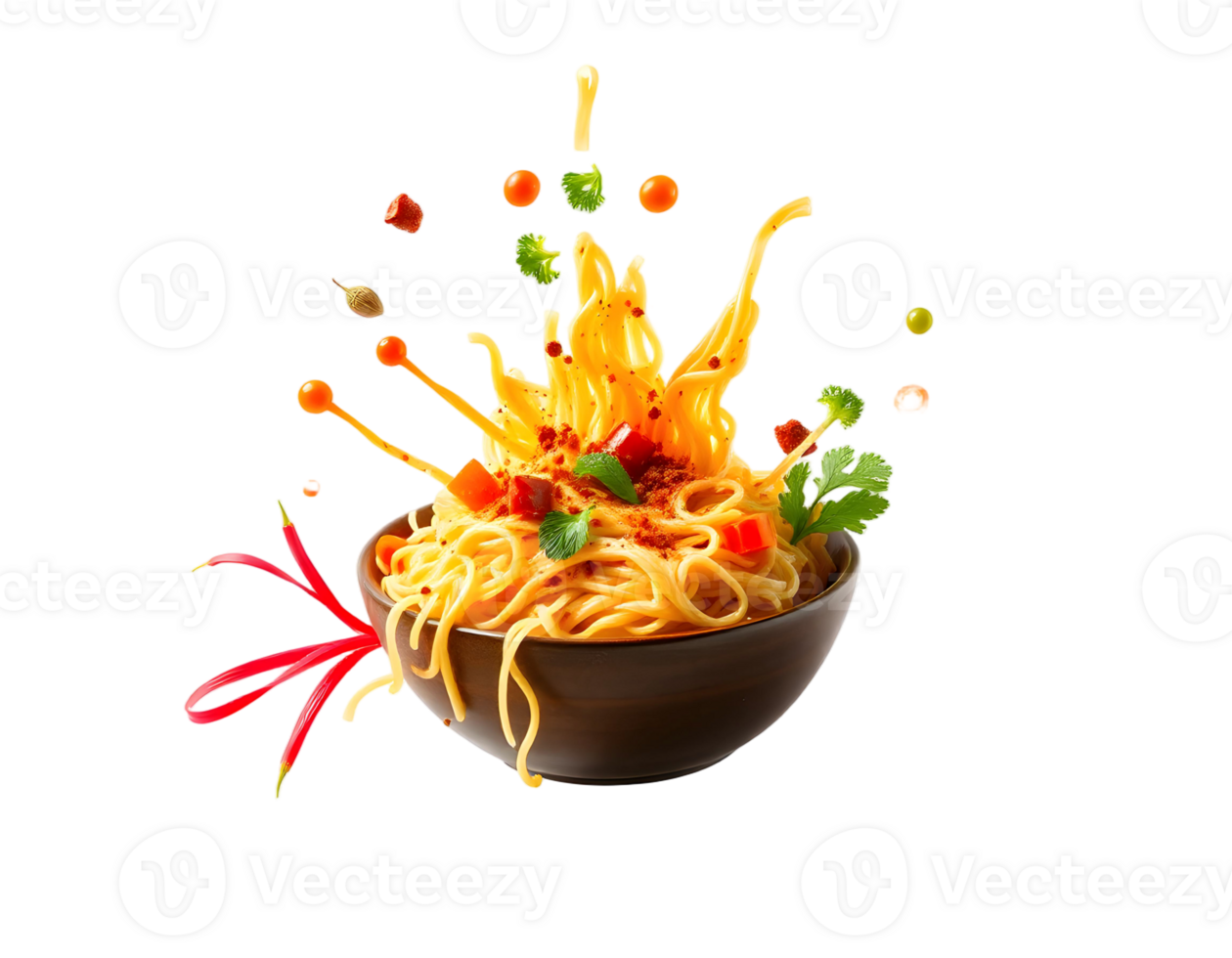 A bowl of noodles with sauce and vegetables png