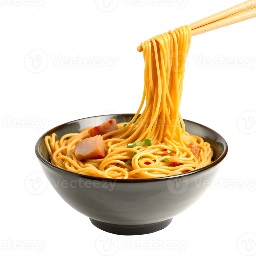 Chopsticks holding noodles in a bowl on a black background png
