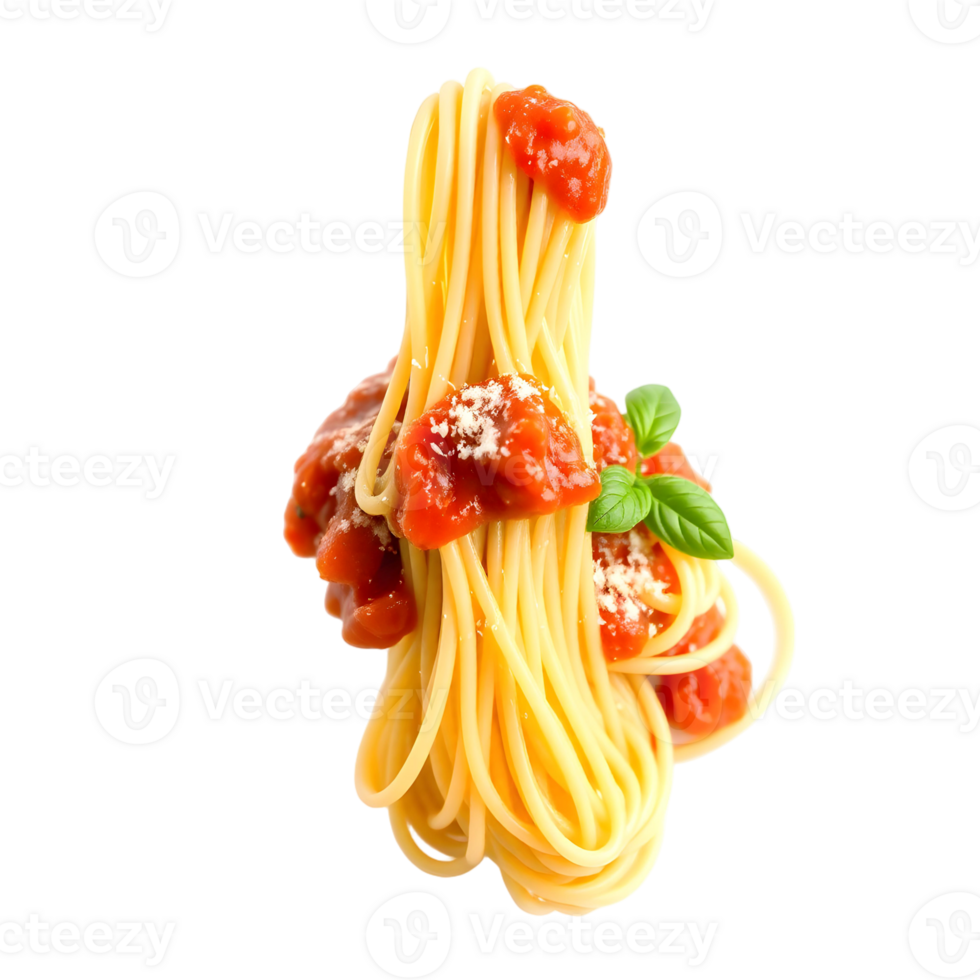 A spaghetti with tomato sauce and basil leaves png