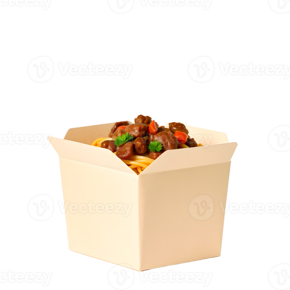 A white box with noodles and meat in it png