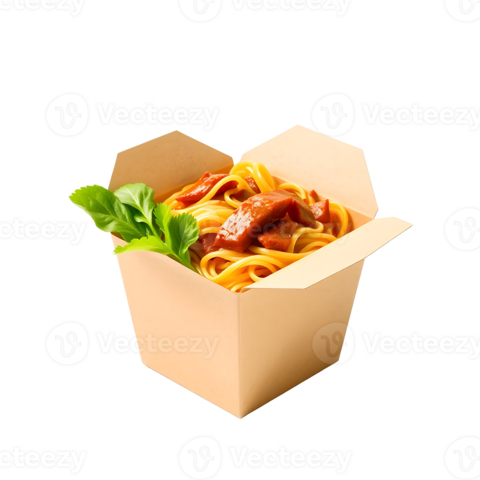 A takeout box with spaghetti and meat in it png
