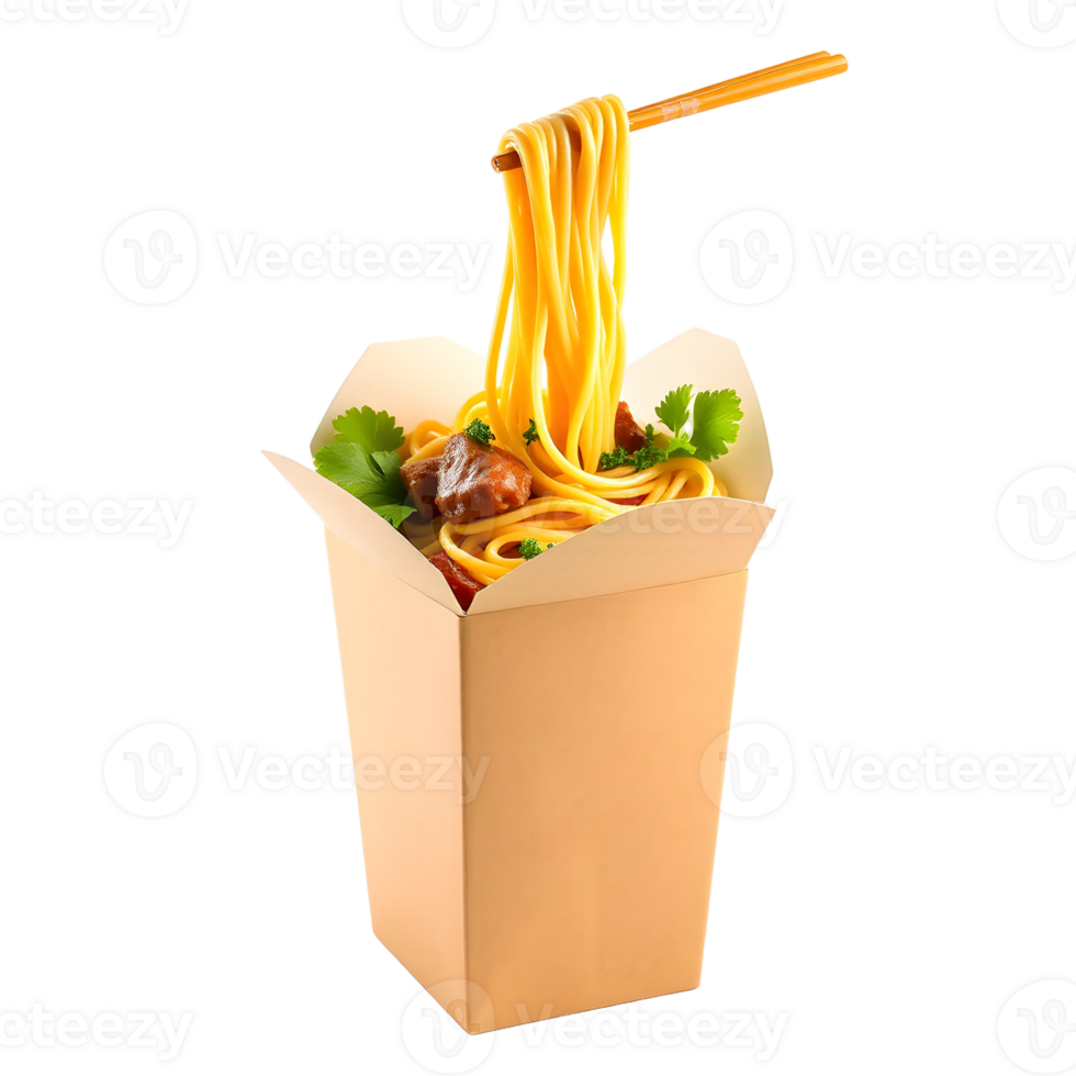 A box with noodles and meat in it png
