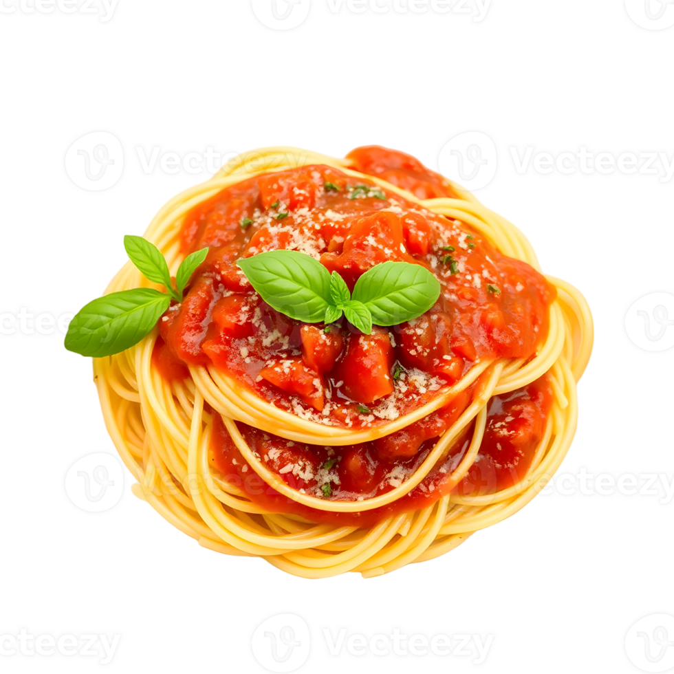 Spaghetti with tomato sauce and basil leaves png
