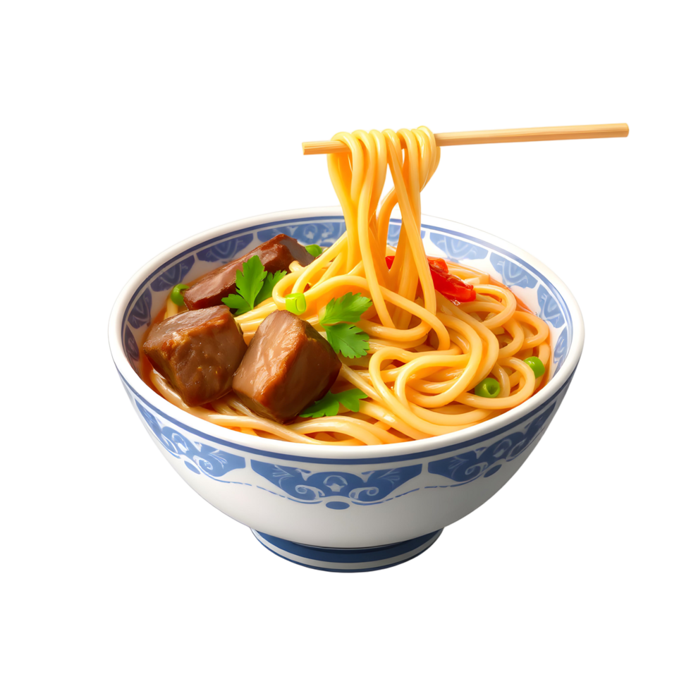 A bowl of noodles with meat and vegetables png