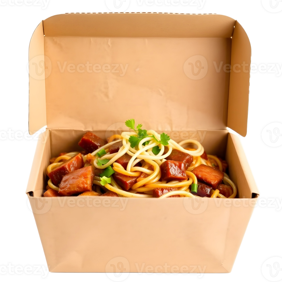 A box of noodles with meat and vegetables in it png