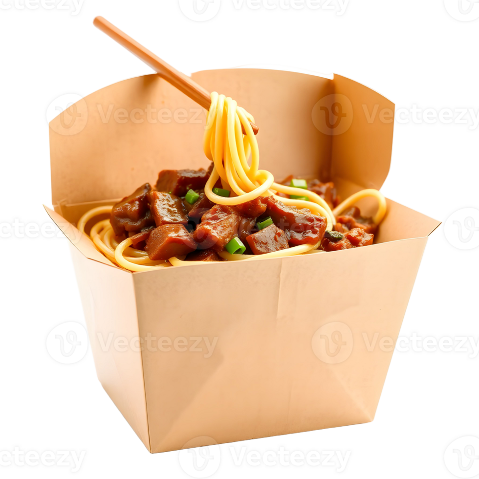 A takeout box with noodles and meat png