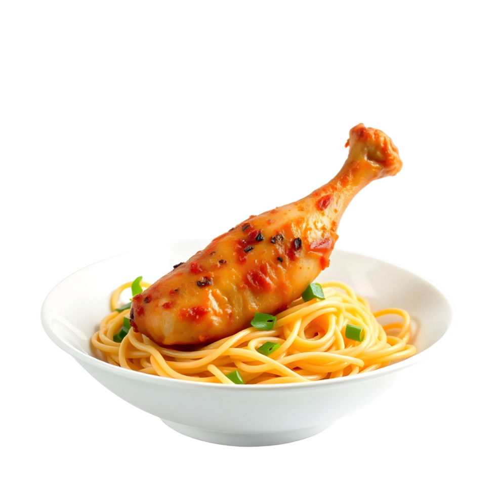 A plate of spaghetti and chicken on a black background png