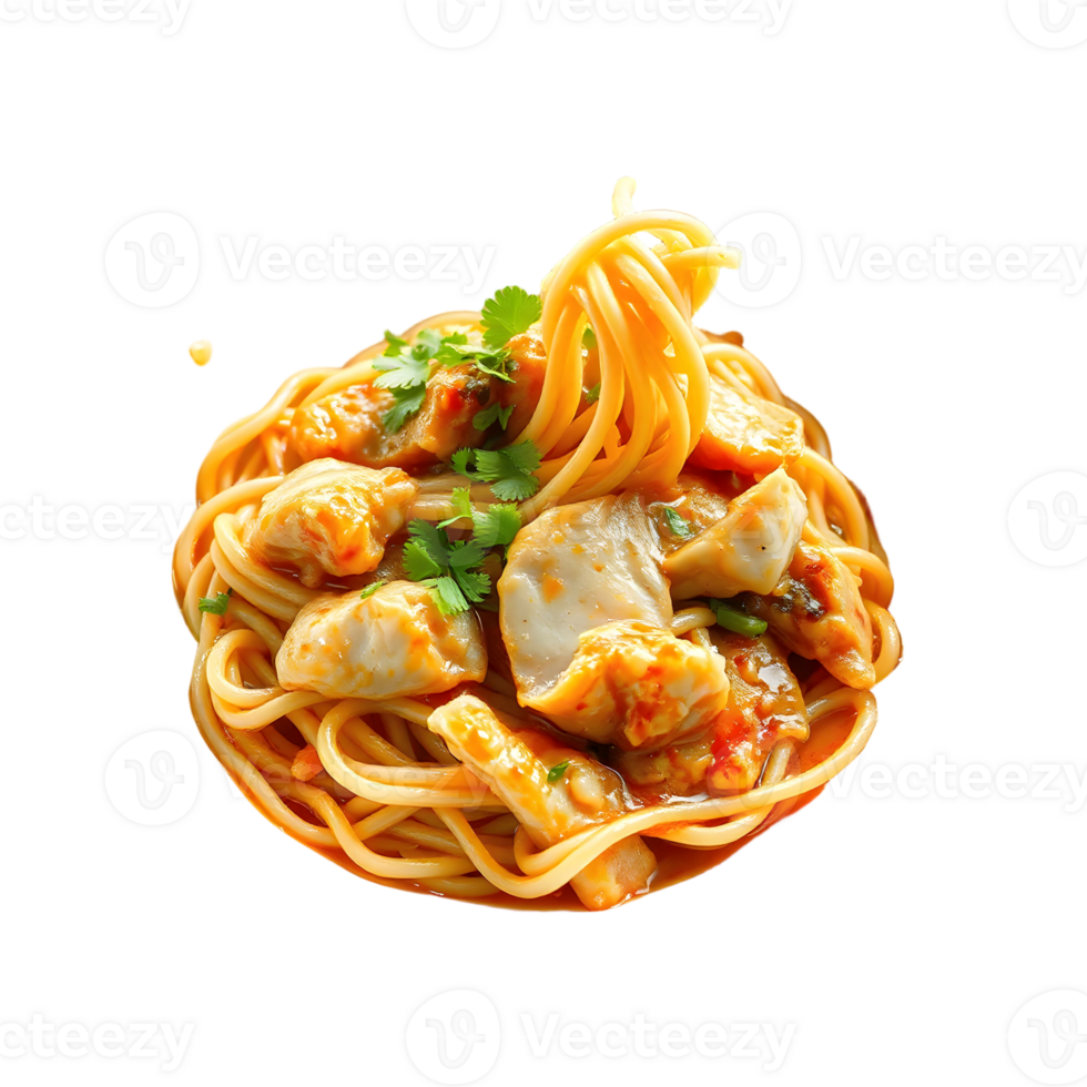 Spaghetti with chicken and sauce on a black background png