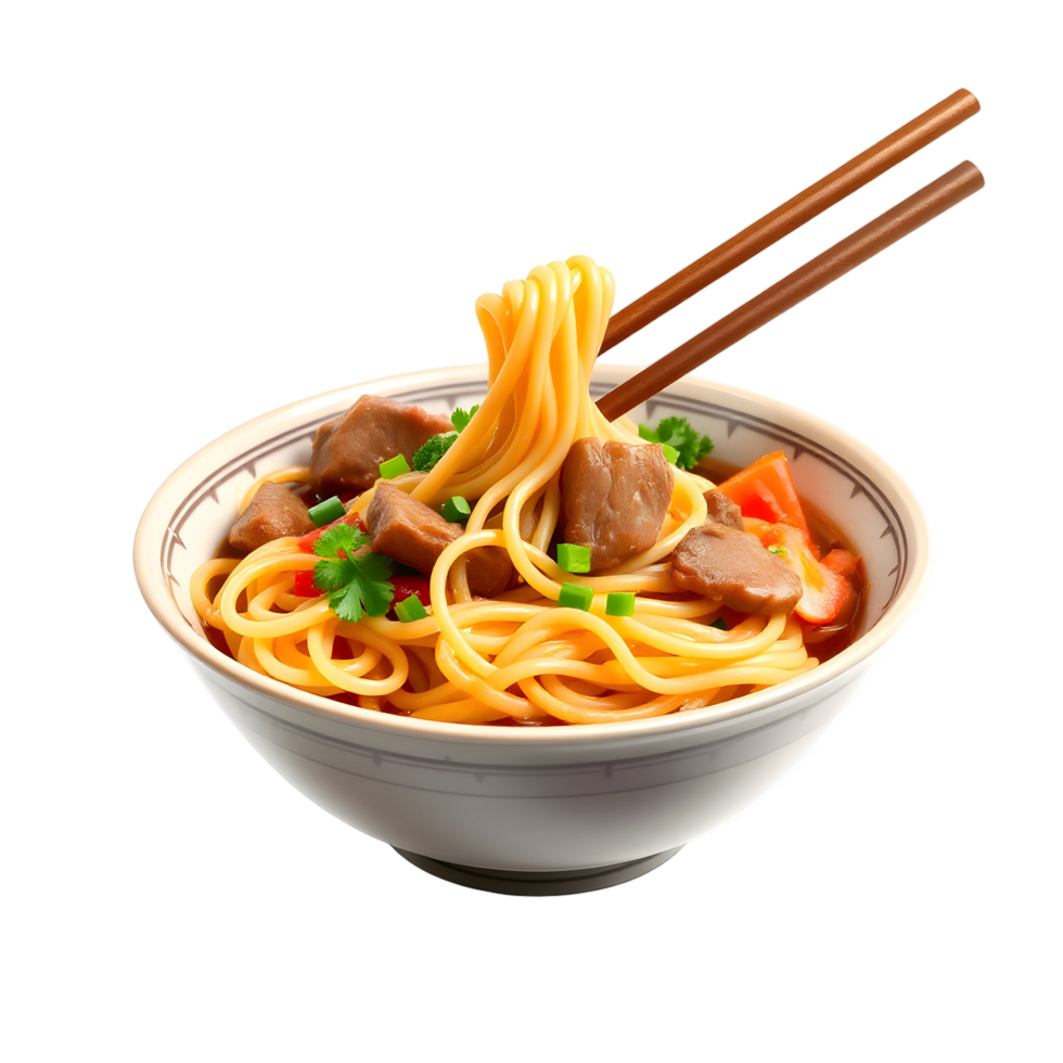 A bowl of noodles with chopsticks on a black background png