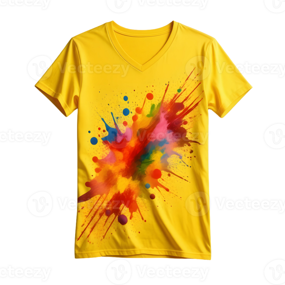 A yellow t - shirt with a colorful paint splatter png