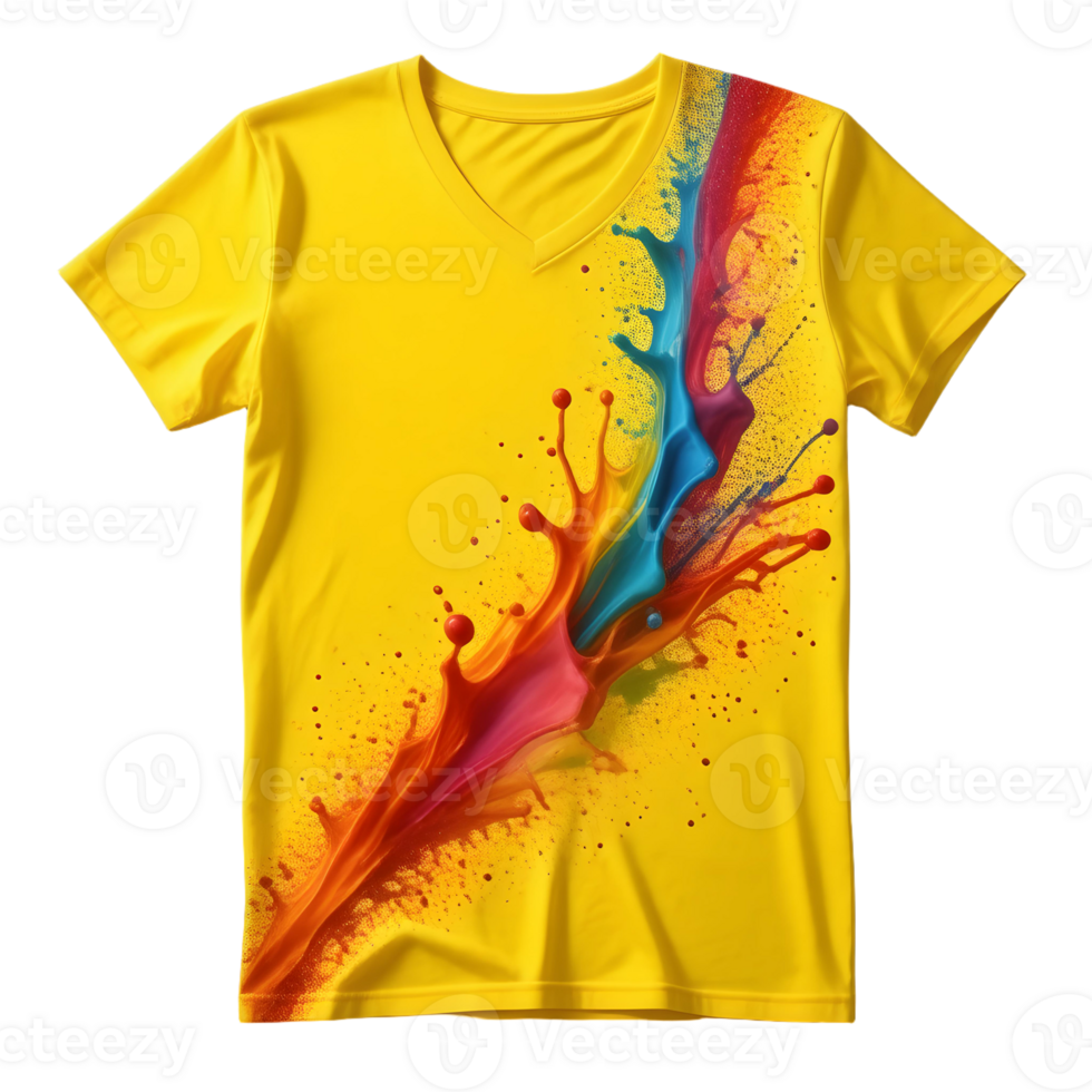 A yellow v - neck t - shirt with colorful paint splashes png