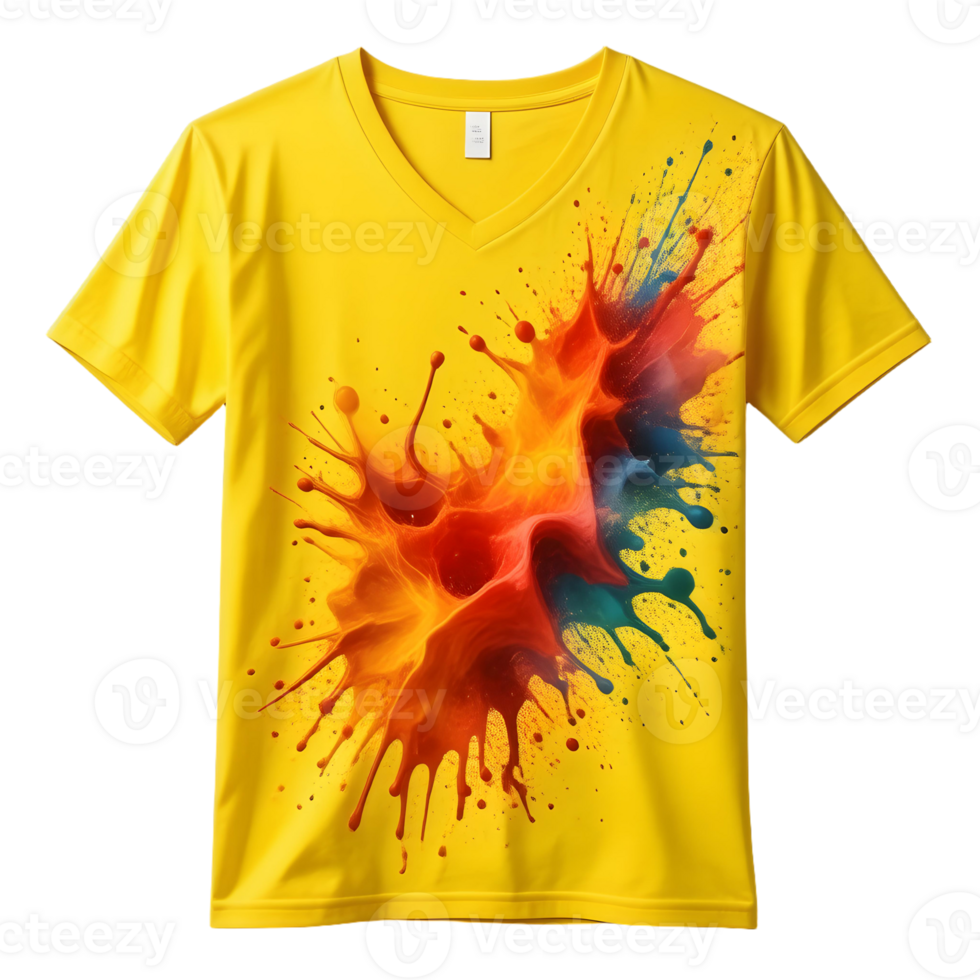 A yellow v - neck t - shirt with an abstract splash of paint png