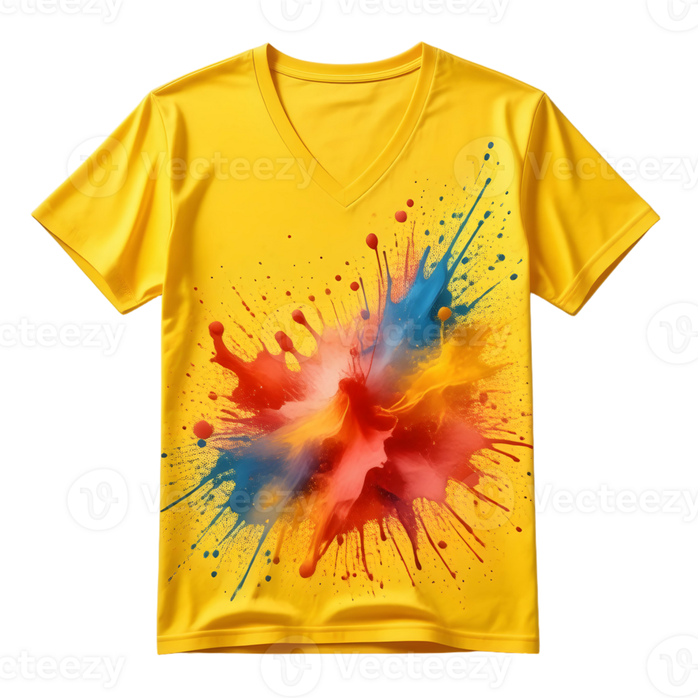 A yellow v - neck t - shirt with a colorful splash of paint png