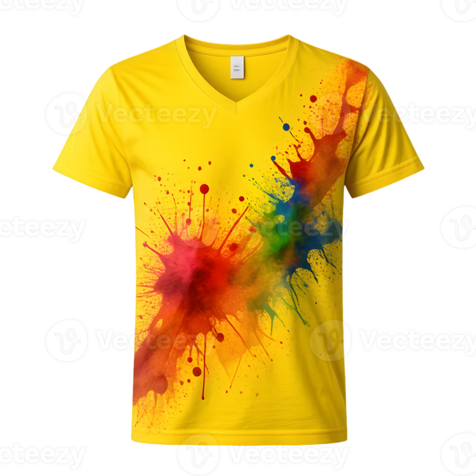 A yellow v - neck t - shirt with a colorful paint splatter png
