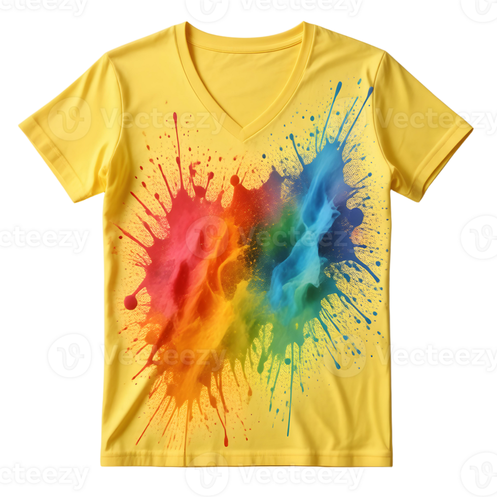 A yellow v - neck t - shirt with a colorful splash of paint png