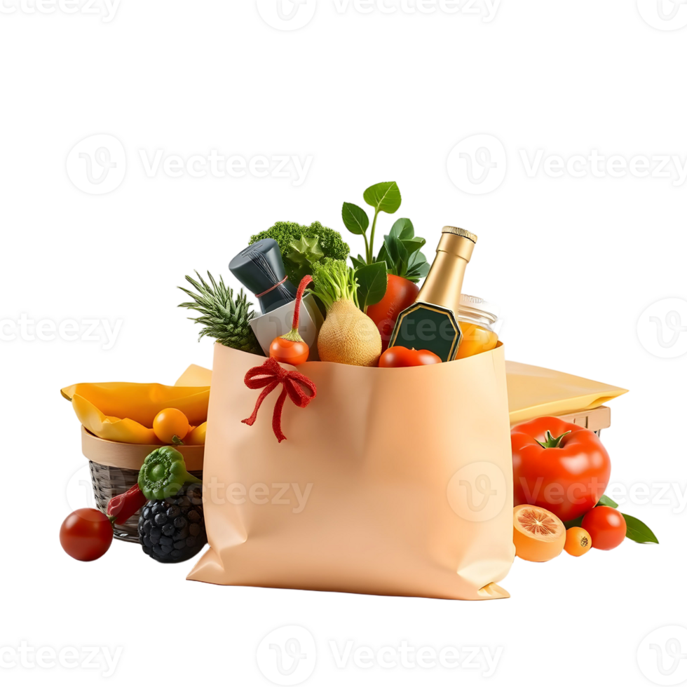 A paper bag filled with groceries and vegetables png