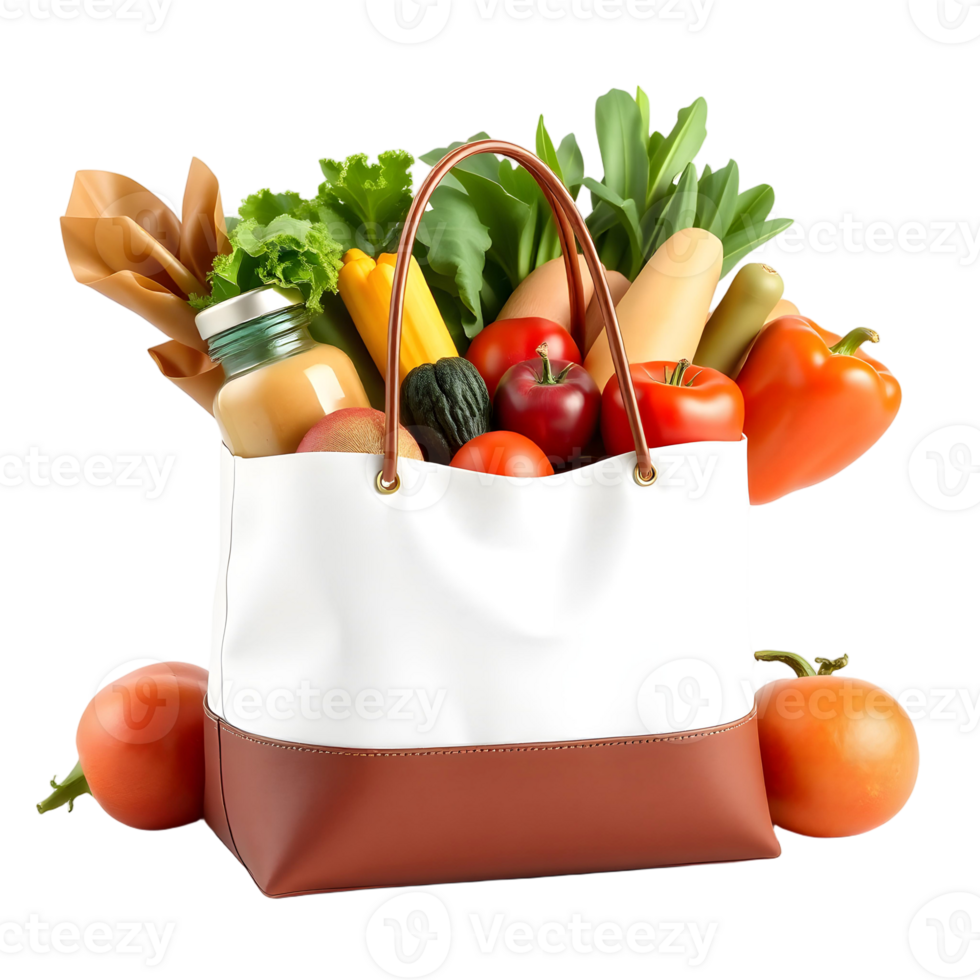 A white and brown shopping bag filled with vegetables and fruits png