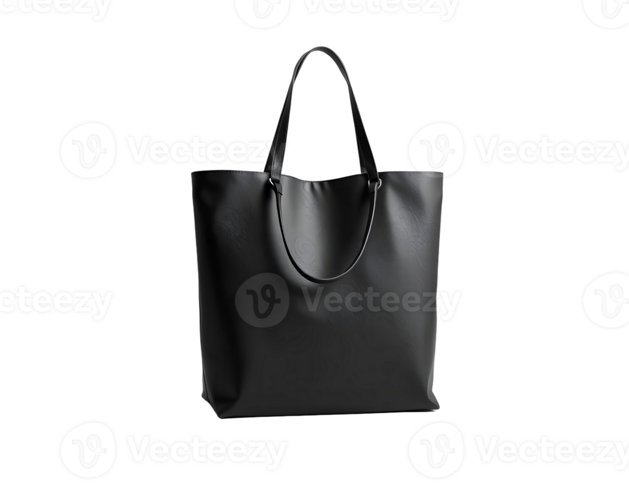 The black leather tote bag is shown on a black background png