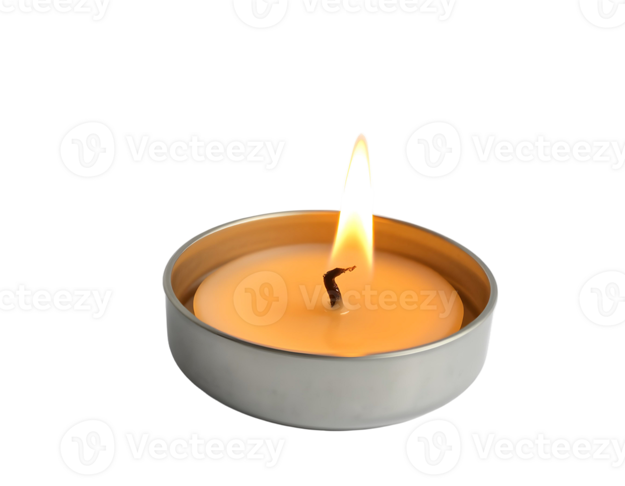 A single candle is lit in a metal container png