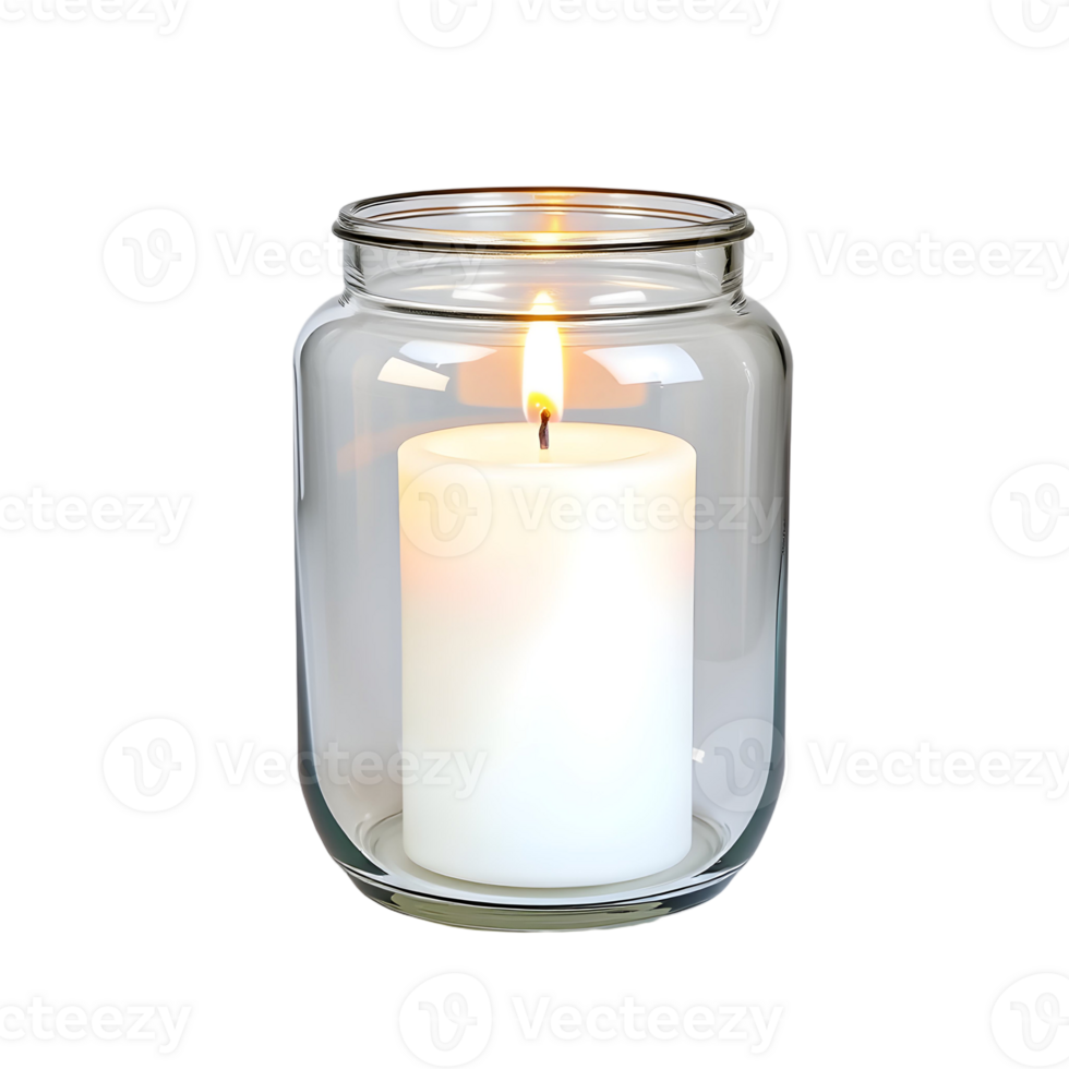 A candle is lit in a glass jar png