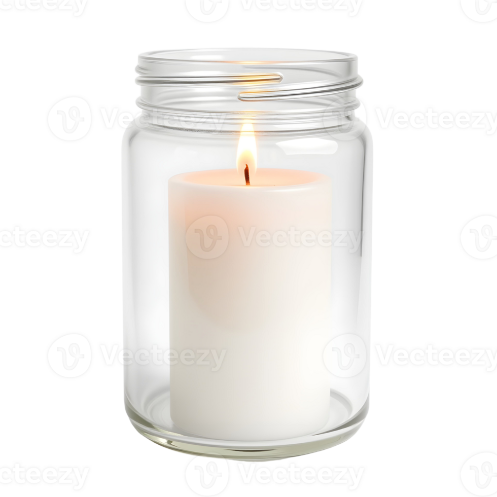 A candle is lit in a glass jar png