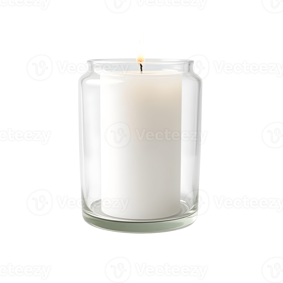A white candle is in a glass jar png