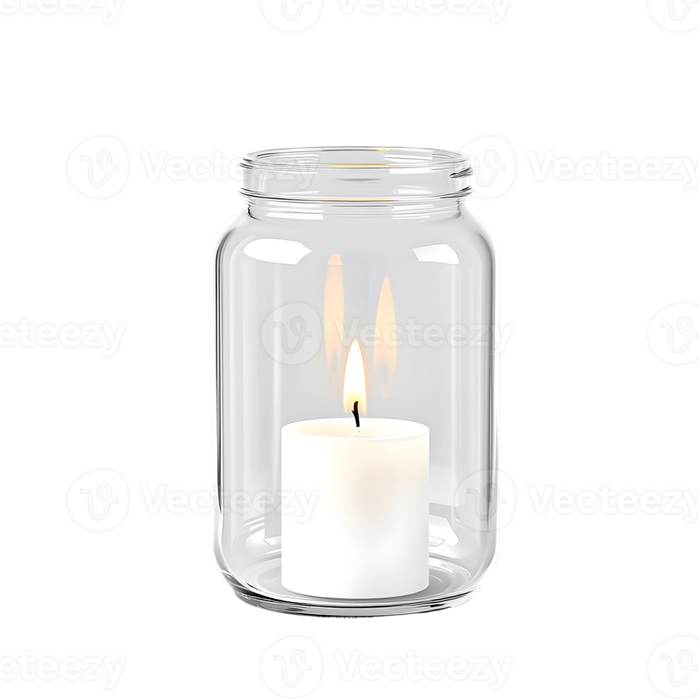 A clear glass jar with a lit candle inside png