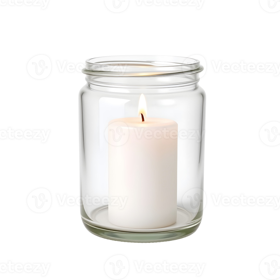 A white candle is in a glass jar png