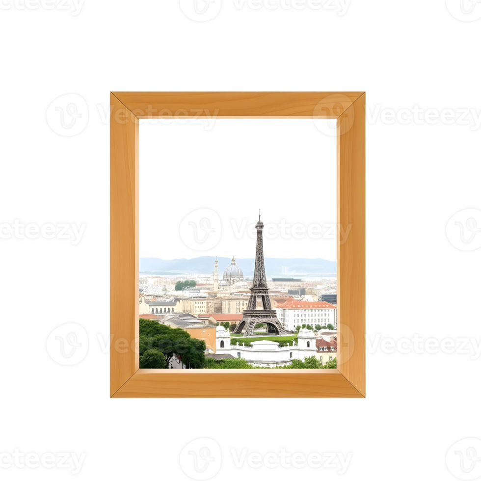 A wooden frame with a view of the eiffel tower png