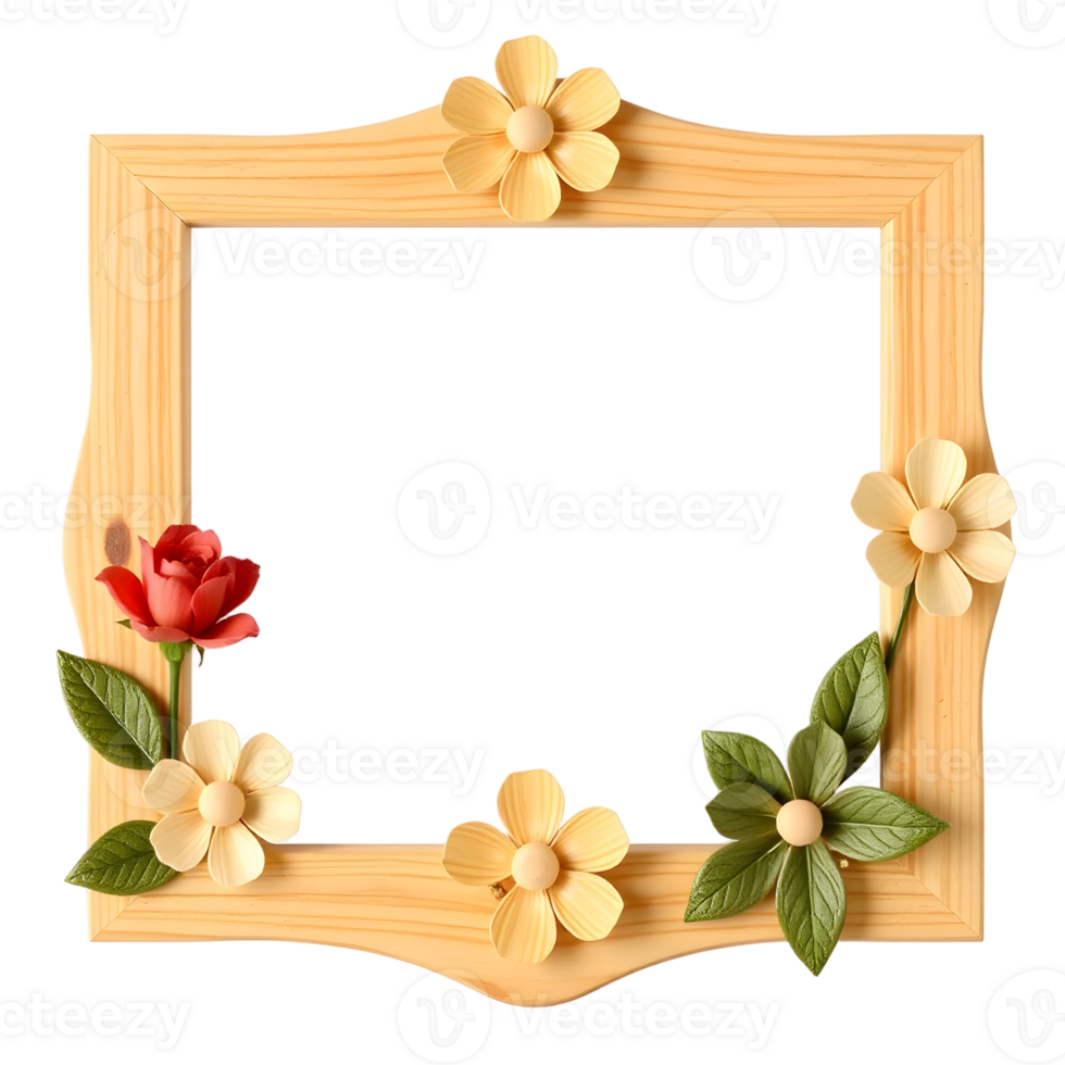 A wooden frame with flowers and leaves png