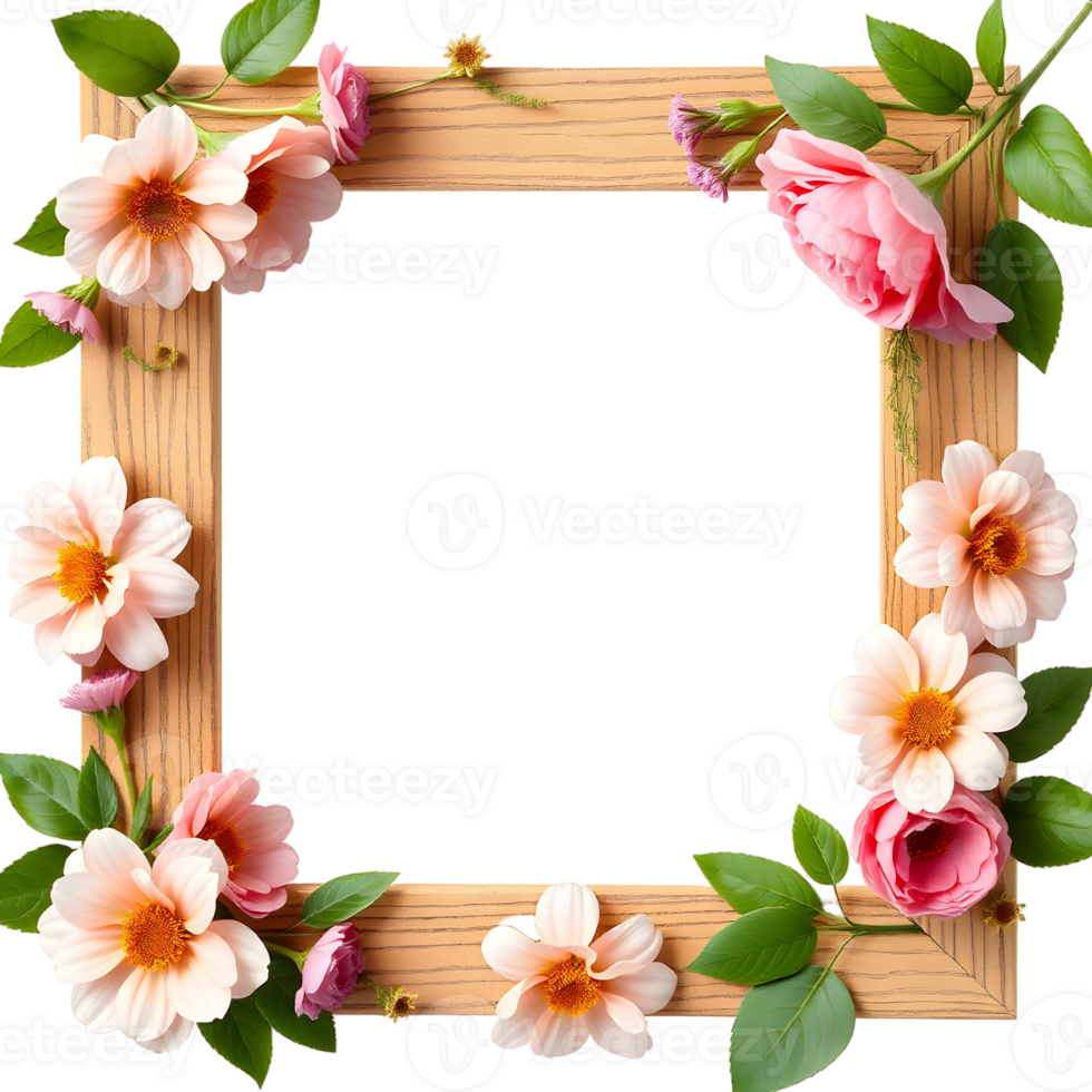 A wooden frame with pink flowers and leaves png