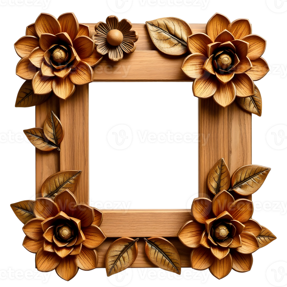 A wooden frame with flowers and leaves png