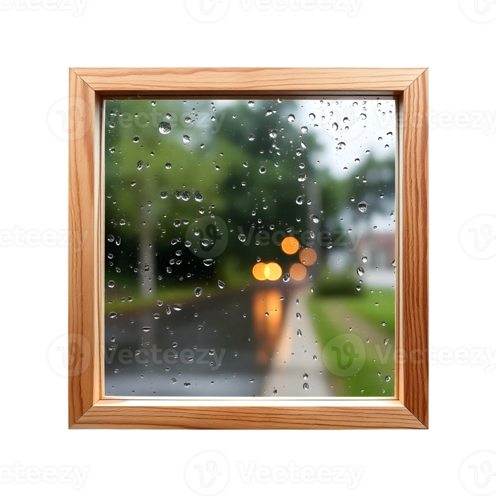 A window with rain drops on it and a street png
