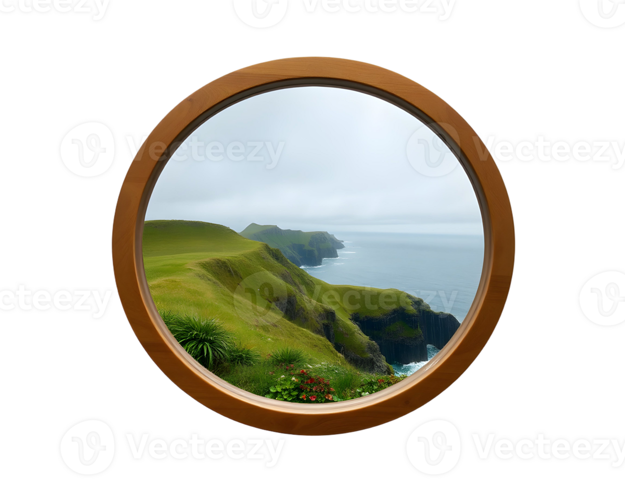 A view of the ocean through a round window png