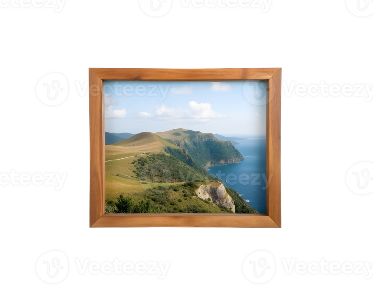 A picture frame with a view of the ocean and mountains png