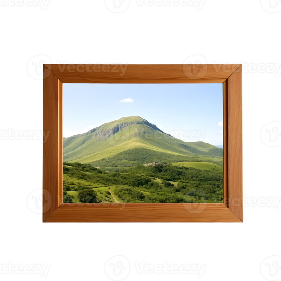 A wooden frame with a view of a green mountain png
