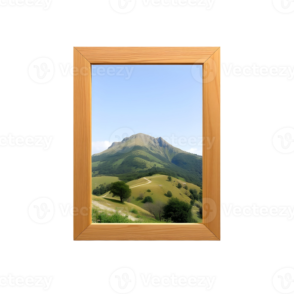 A wooden frame with a view of a mountain png