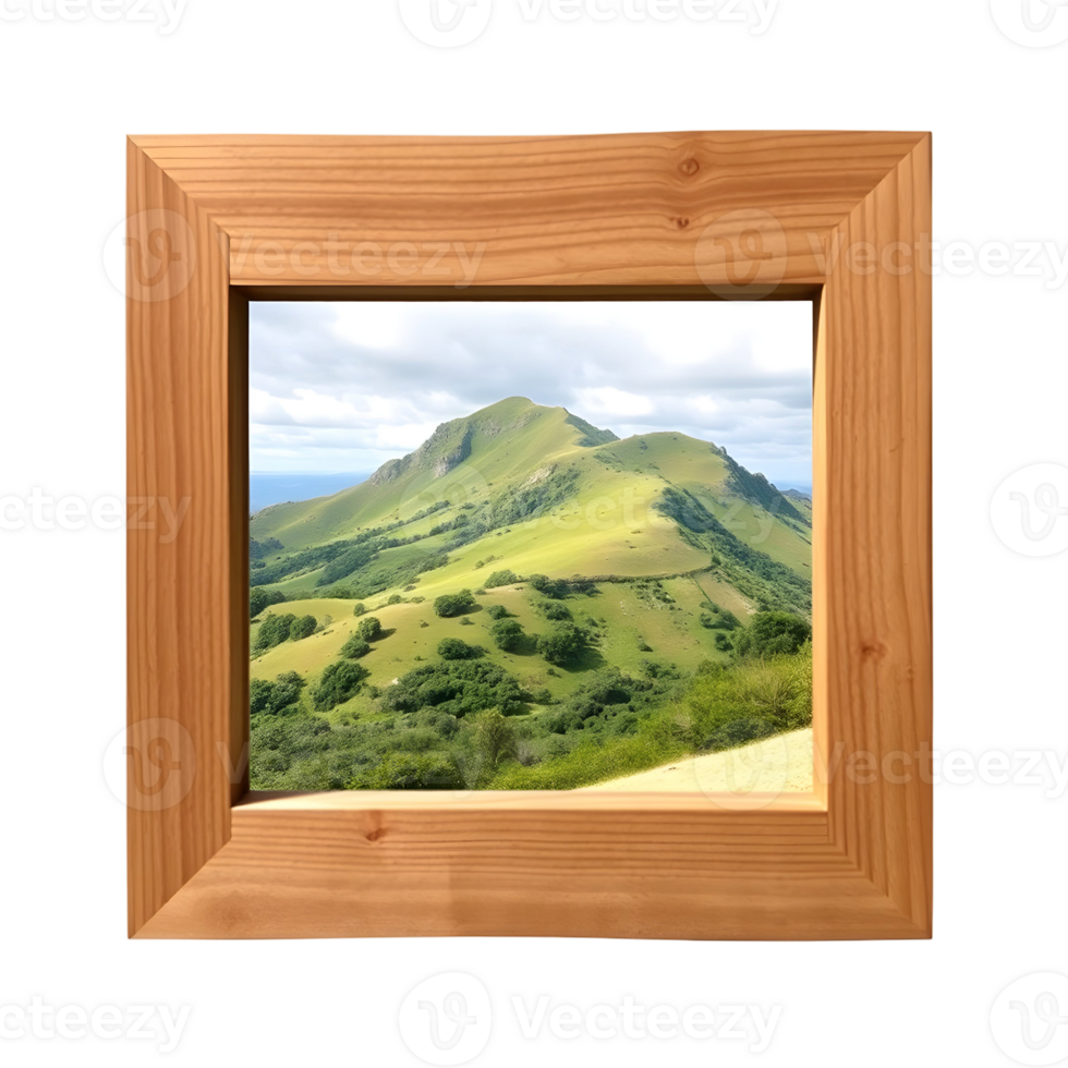 A picture frame with a view of a mountain png