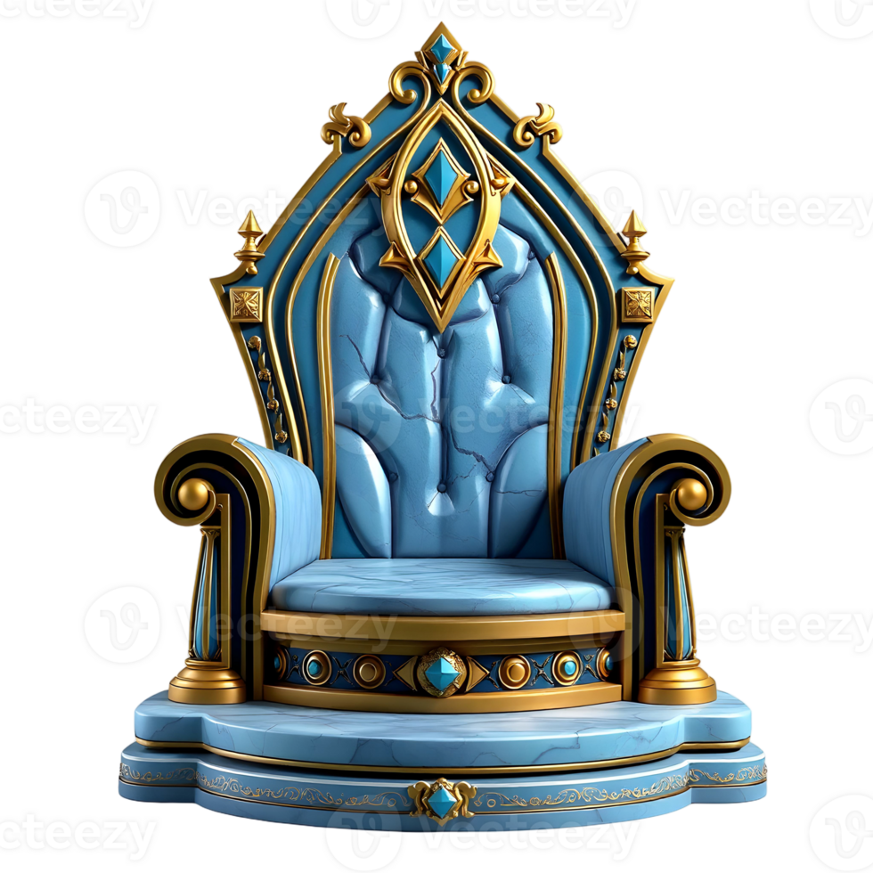 A blue throne with gold trim and a golden crown png