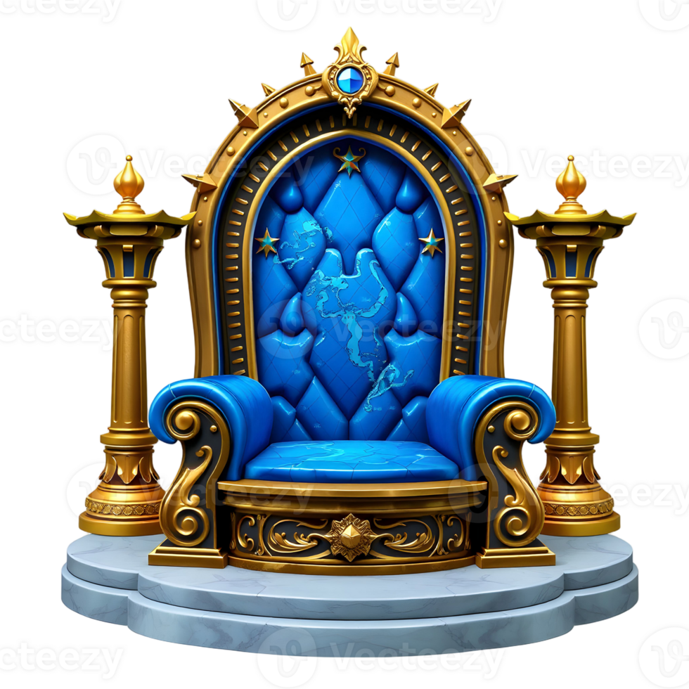 A blue throne with gold pillars and a blue cushion png