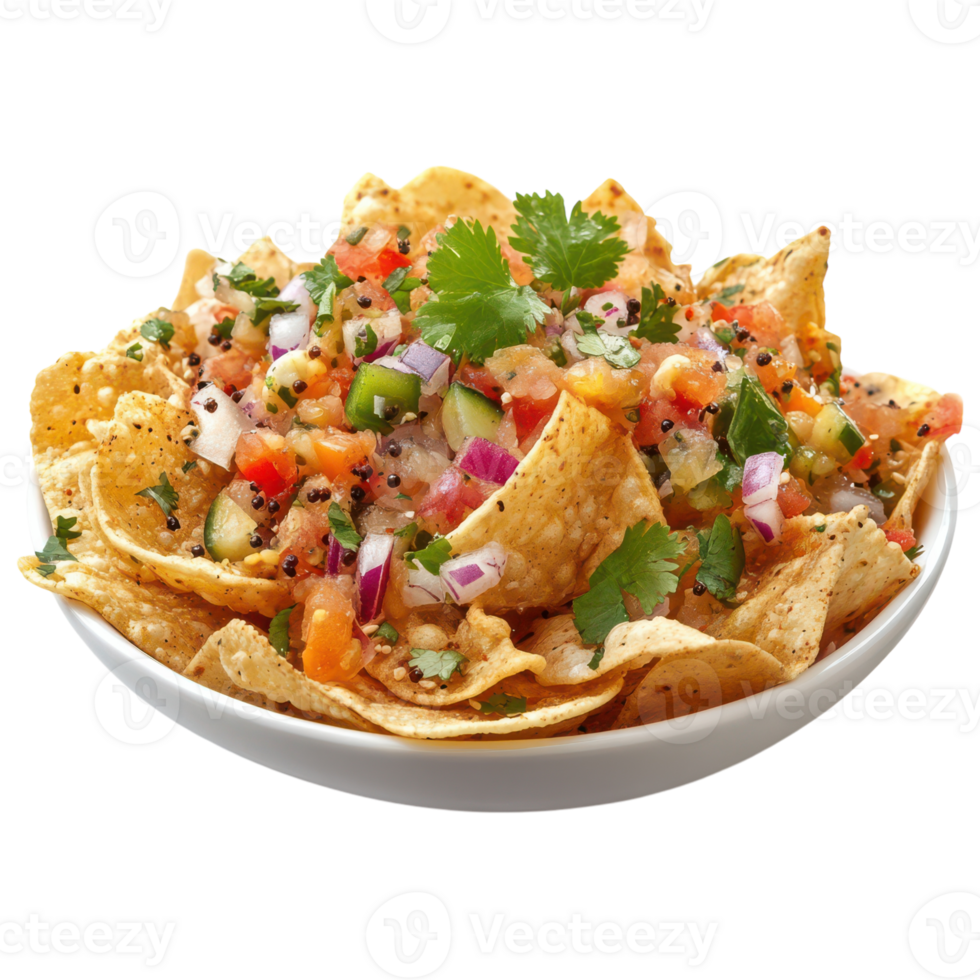 Nachos with salsa and vegetables in a bowl png