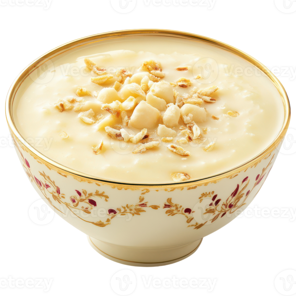 A bowl of creamy white soup with nuts on top png