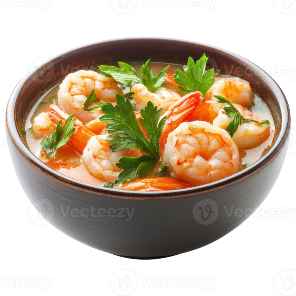 A bowl of soup with shrimp and vegetables png