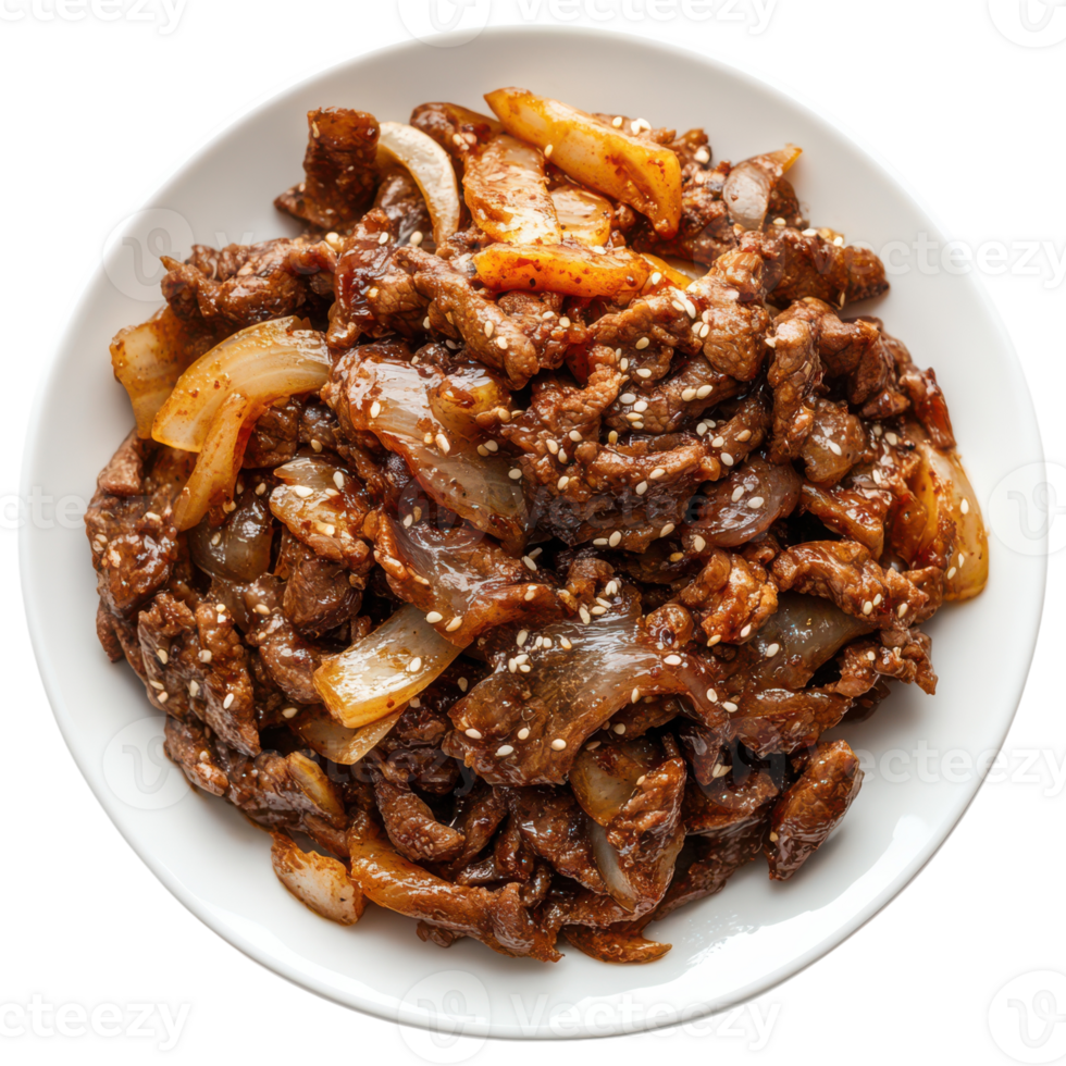 A plate of beef and onions with sesame seeds png