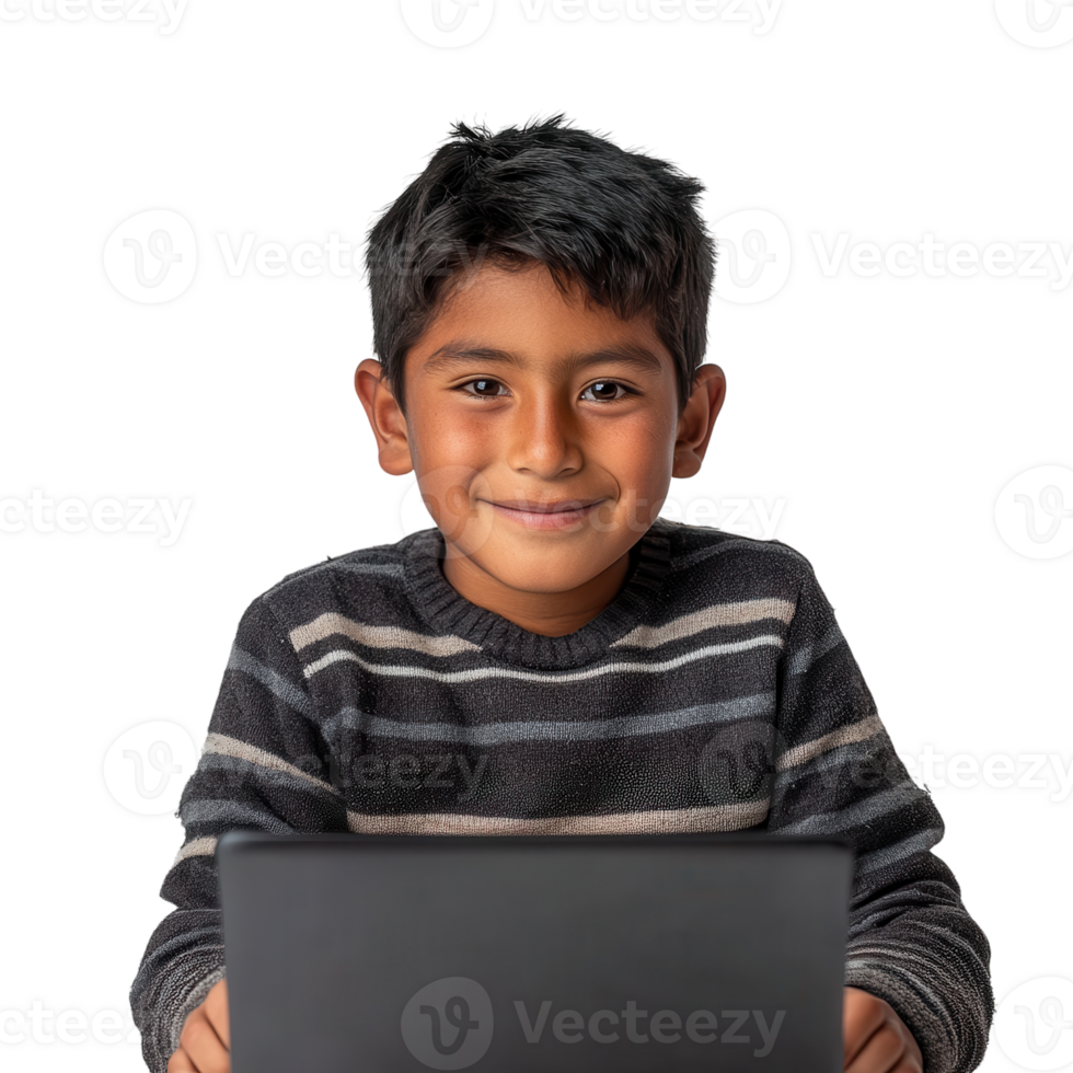 Latin American Boy Using Laptop for Online Learning on transparent background png