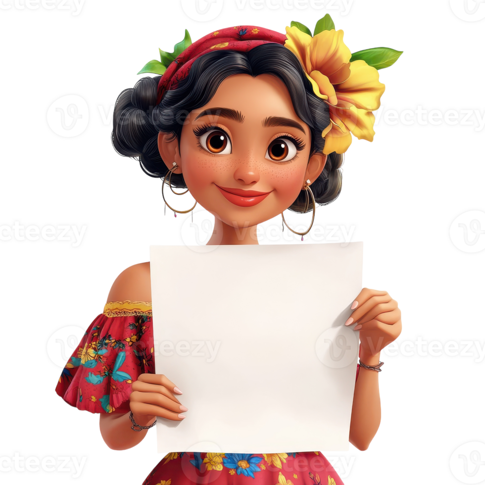 Latin American Woman Holding Blank Paper for Customizable Usage on transparent background png