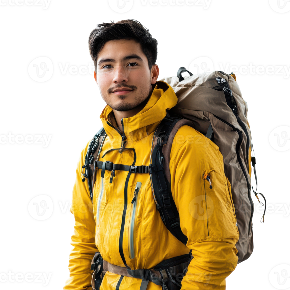 Young Latin American Man Backpacking in Mountain Scenery on transparent background png