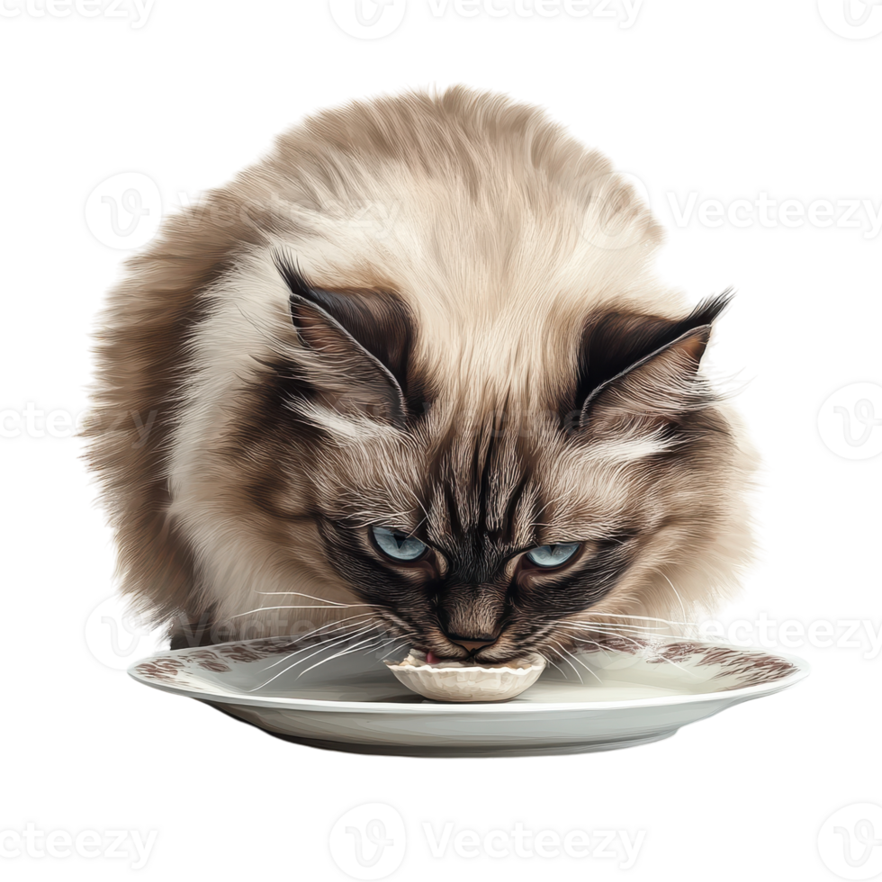 Long Haired Cat Enjoying a Meal from a Plate on transparent background png